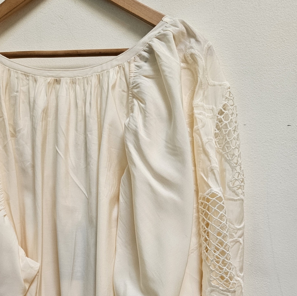 H&M Low Back Voluminous Embroidery Dress Balloon Sleeves Blogger Fave Cream L - Picture 7 of 16